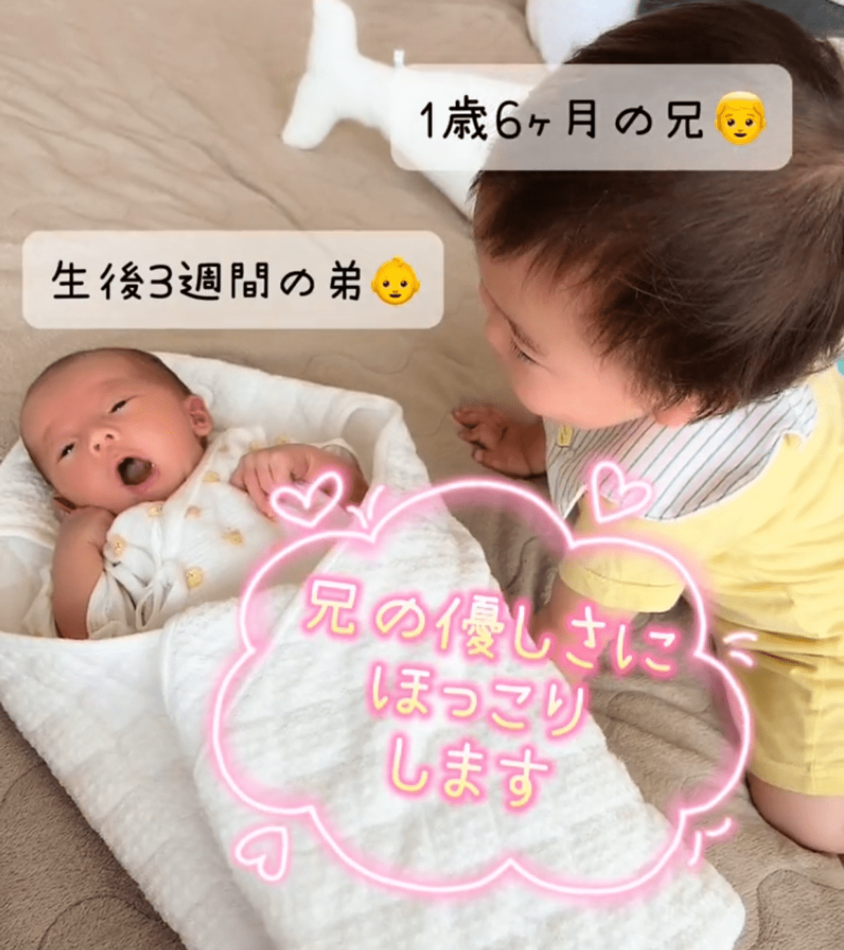 泣き出した0歳弟…直後、1歳兄の行動に「偉い」「素敵な兄弟」「めっちゃかわいい」の声