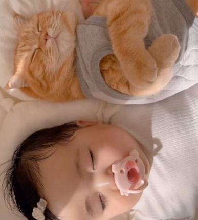 お昼寝する赤ちゃんと猫　しかしよく見ると…「これ以上、幸せ溢れる映像はない」